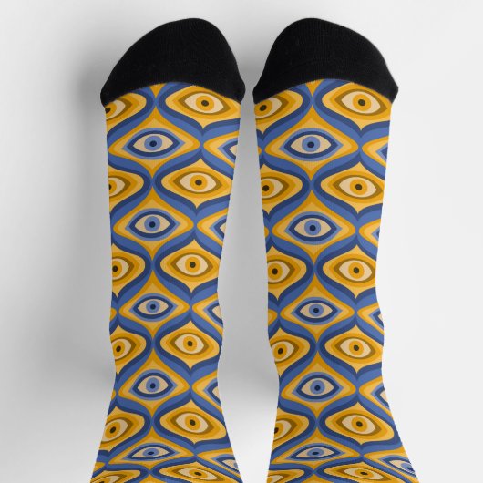 Crazy Psychedelic Eye Muster Indigo blau gelb Socken (Oben)