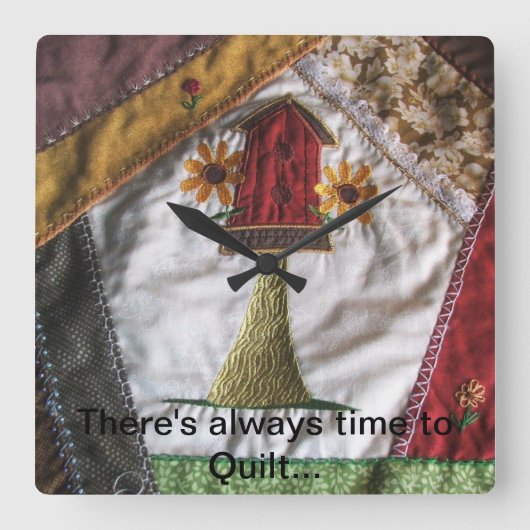 Crazy Quilt Birdhouse Quadratische Wanduhr (Vorderseite)