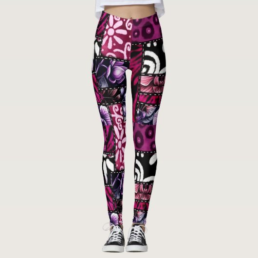 Crazy Quilt Black Cherry Floral Pattern Leggings (Vorderseite)