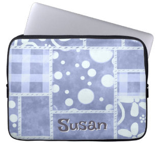 Crazy Quilt Blau Gingham Blumenmuster personalisie Laptopschutzhülle
