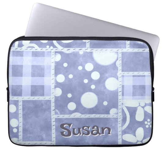 Crazy Quilt Blau Gingham Blumenmuster personalisie Laptopschutzhülle (Vorderseite)