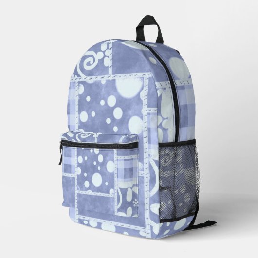 Crazy Quilt Blaues Gingham-Blumenmuster  Bedruckter Rucksack (Rückseitige Ecke Rechts)