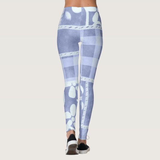 Crazy Quilt Blue Gingham Floral Pattern Leggings (Rückseite)