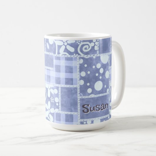 Crazy Quilt Blue Gingham Floral Personalized  Kaffeetasse (VorderseiteRechts)