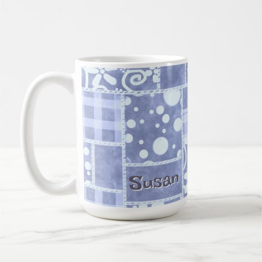 Crazy Quilt Blue Gingham Floral Personalized  Kaffeetasse (Links)