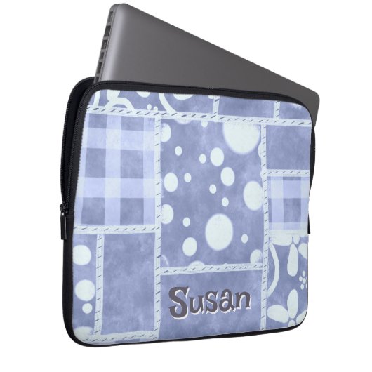 Crazy Quilt Blue Gingham Floral Personalized  Laptopschutzhülle (Vorne Rechts)