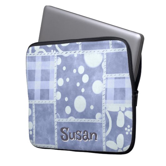 Crazy Quilt Blue Gingham Floral Personalized Laptopschutzhülle (Vorderseite Links)