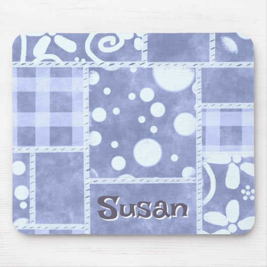 Crazy Quilt Blue Gingham Floral Personalized  Mousepad (Vorne)