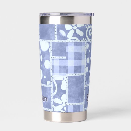 Crazy Quilt Blue Gingham Floral Personalized  Thermobecher (Links)
