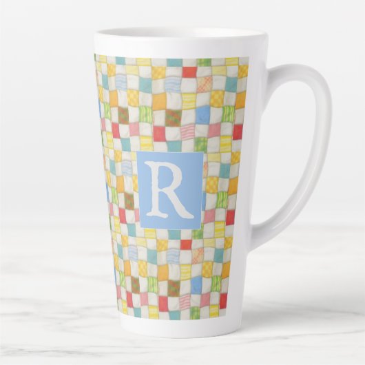 CRAZY QUILT groß Latte Tasse + Text / Blau (Rechts)