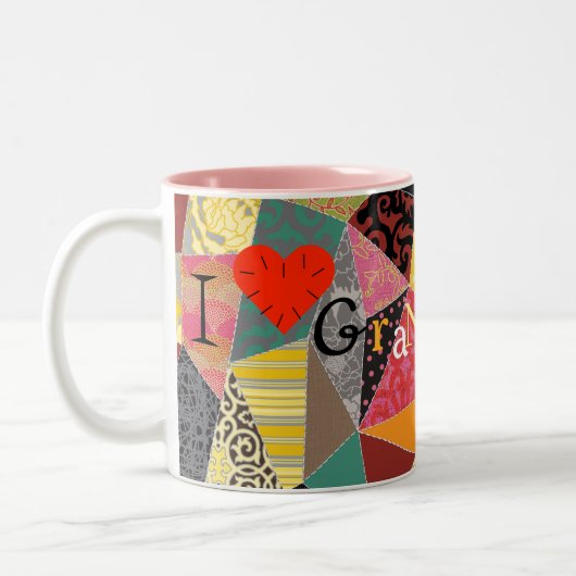 Crazy Quilt Patchwork I Liebe Oma Mit Monogramm Zweifarbige Tasse (Links)