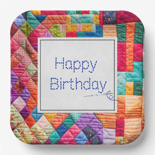 Crazy Quilt und Nadel zum Geburtstag Pappteller (Vorderseite)