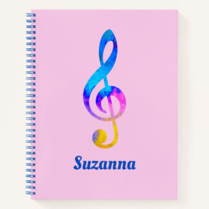 Crazy Rainbow Swirl Treble Clef und Name Pink Notizblock