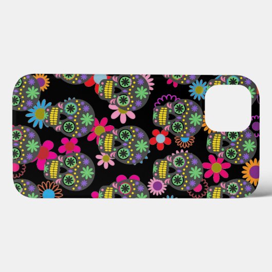 Crazy Sugar Skull und Blume auf schwarzem Muster Case-Mate iPhone Hülle (Rückseite (Horizontal))