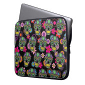 Crazy Sugar Skull und Blume Schwarzes Muster Laptopschutzhülle (Vorderseite Links)