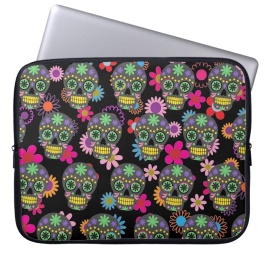 Crazy Sugar Skull und Blume Schwarzes Muster Laptopschutzhülle (Vorderseite)