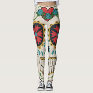 Crazy Sugar Skull Weiß, Rot und Türkis Legierung Leggings