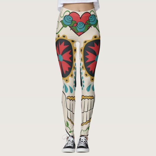 Crazy Sugar Skull Weiß, Rot und Türkis Legierung Leggings (Vorderseite)