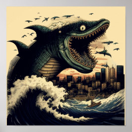 Crazy Sushi Shark Anime Attack Poster