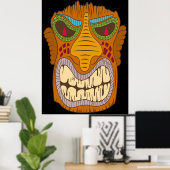 Crazy Tiki Head mit Flammen in den Augen, schwarz Poster (Heimbüro)