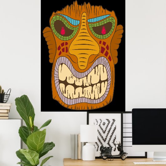 Crazy Tiki Head mit Flammen in den Augen, schwarz Poster (Heimbüro)