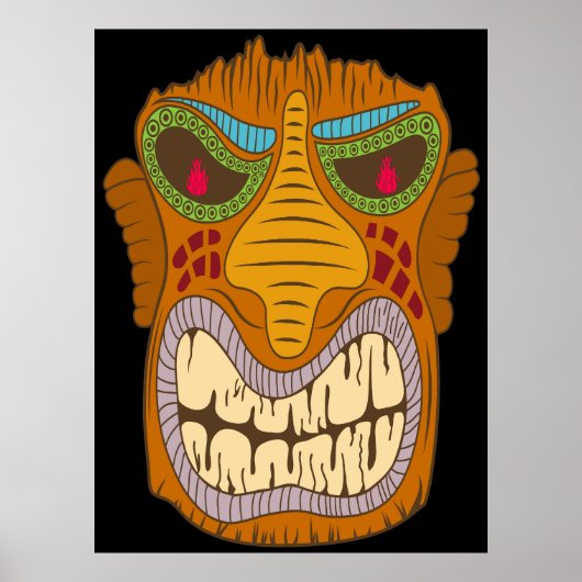 Crazy Tiki Head mit Flammen in den Augen, schwarz Poster (Vorne)