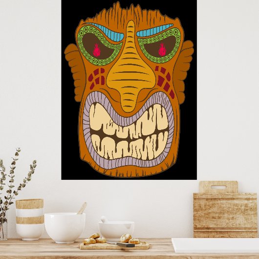 Crazy Tiki Head mit Flammen in den Augen, schwarz Poster (Küche)