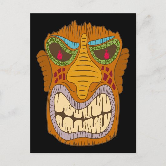 Crazy Tiki Head mit Flammen in den Augen, schwarz Postkarte (Vorderseite)