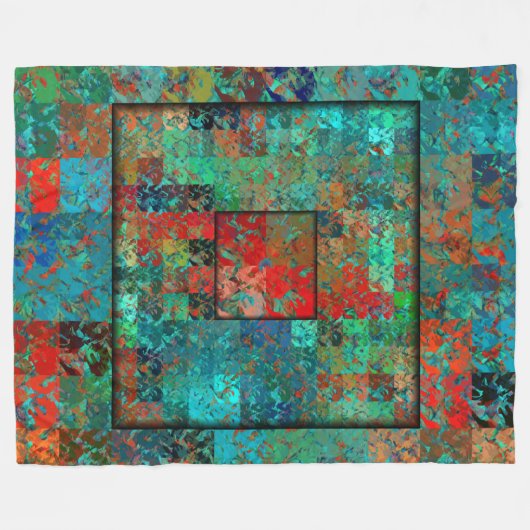 Crazy Turquoise und Red Squares and Squiggles Fleecedecke (Vorderseite (Horizontal))