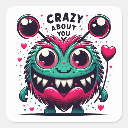 Crazy über Sie Valentine Albern Monster Quadratischer Aufkleber (Vorderseite)
