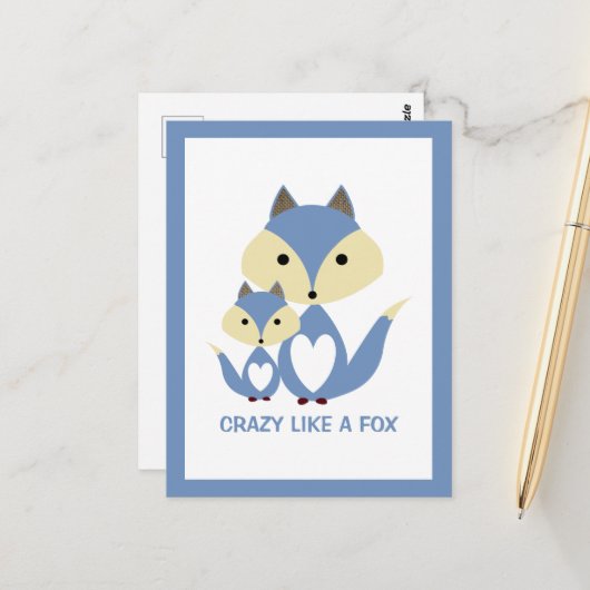 Crazy wie ein Fuchs, Blue Fox Burlap Postkarte (Vorderseite/Rückseite Beispiel)