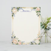 Cream and Blue Floral with Gold Frame Stationery Briefbogen (Stehend Vorderseite)