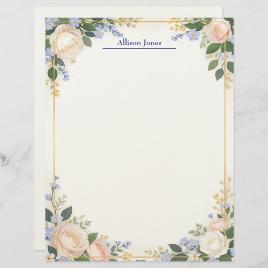 Cream and Blue Floral with Gold Frame Stationery Briefbogen (Vorne/Hinten)