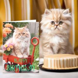 Cream and Ginger Tabby Cat in Red Wagon Geburtstag Karte