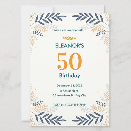 Cream and Gold Floral 50. Geburtstag Einladung (Vorderseite)