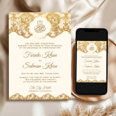 Cream and Gold Foil Lace Islamische Hochzeit Einladung