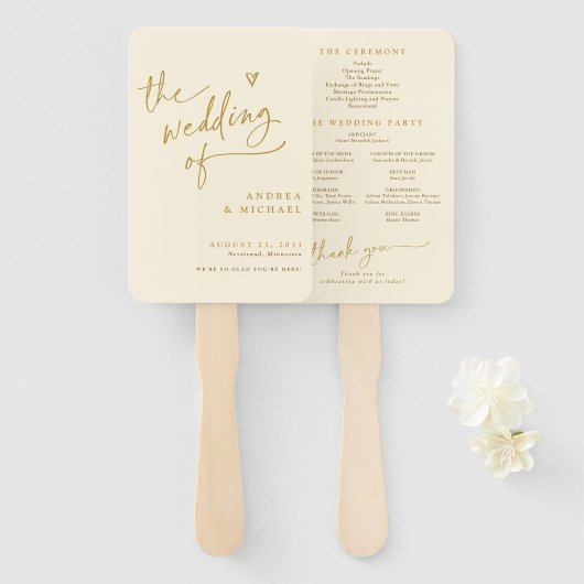 Cream and Gold Fun Wedding Program Fans Fächer (Vorne und Hinten)