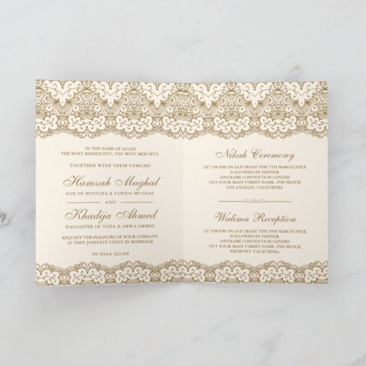 Cream and Gold Lace Islamische Hochzeit Einladung (Innenseite)