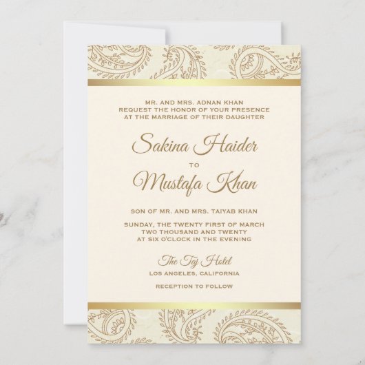Cream and Gold Paisley Islamische Hochzeit Einladung (Rückseite)