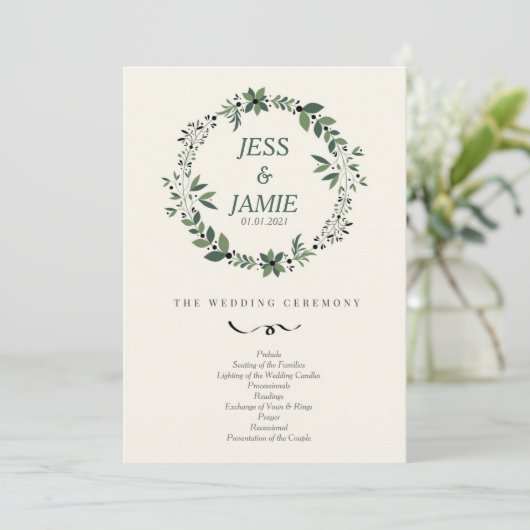 Cream and Green Wedding Program Einladung (Stehend Vorderseite)