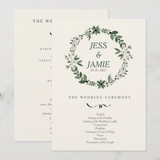 Cream and Green Wedding Program Einladung (Vorne/Hinten)