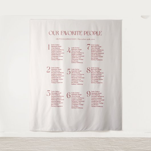 Cream and Maroon Wedding Seating Chart Fabric Wandteppich (Vorderseite)