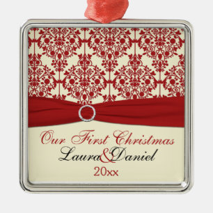 Cream and Red Damask Erster Weihnachtsgeschmack Silbernes Ornament