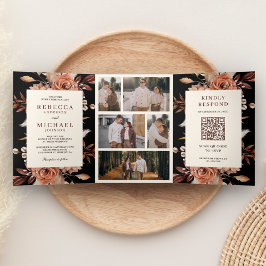 Cream and Terracotta Floral QR Code Black Wedding Dreifach Gefaltete Einladung