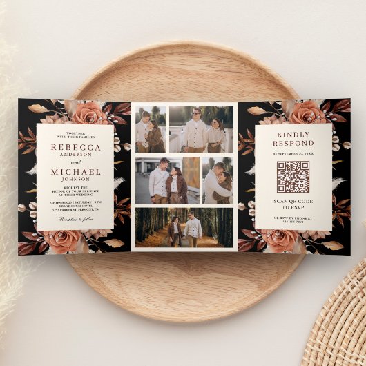 Cream and Terracotta Floral QR Code Black Wedding Dreifach Gefaltete Einladung
