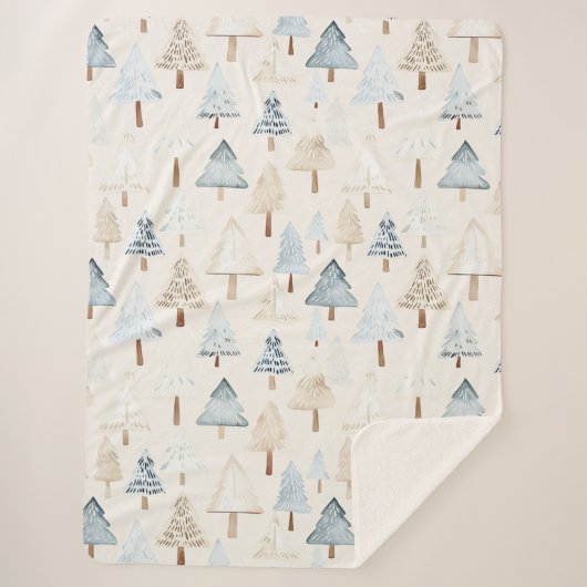 Cream Beige Blue Christmas Trees Sherpadecke (Vorderseite)