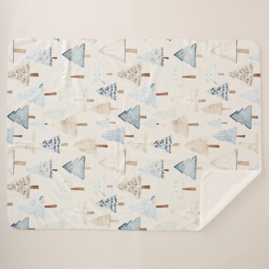 Cream Beige Blue Christmas Trees Sherpadecke (Vorderseite (Horizontal))