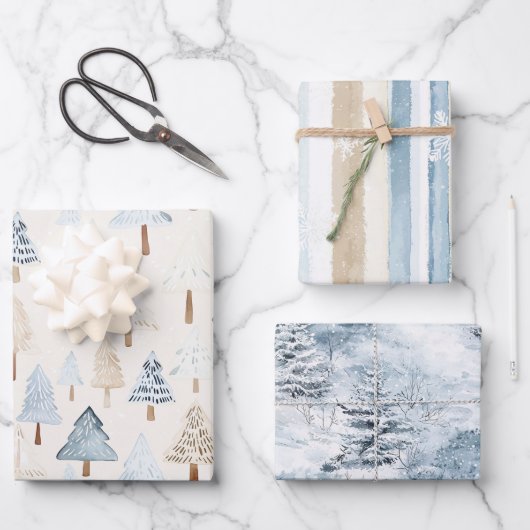 Cream Beige Blue Christmas Trees Winter Snow Geschenkpapier Set (Vorderseite)