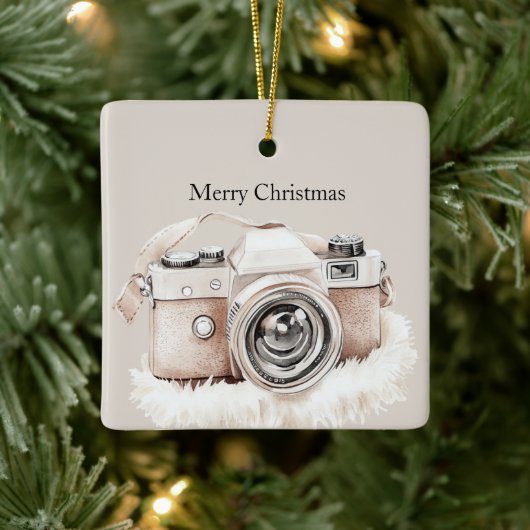 Cream Beige Camera Stripes Christmas Keramikornament (Baum)