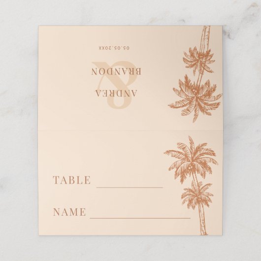 Cream Beige Palm Tree Boho Beach Wedding Table Platzkarte (Außenseite Aufgefaltet)